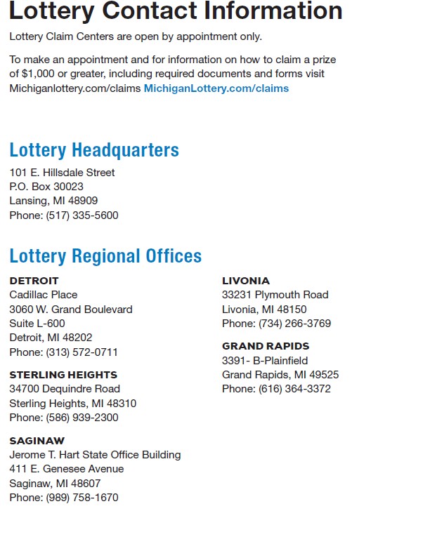 Lottery Contact information MI 
